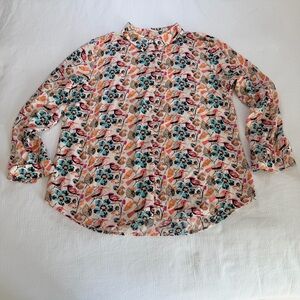 Talbots Blouse Colorful Bird Print Long Sleeve Button Up Top Size XL, Spring